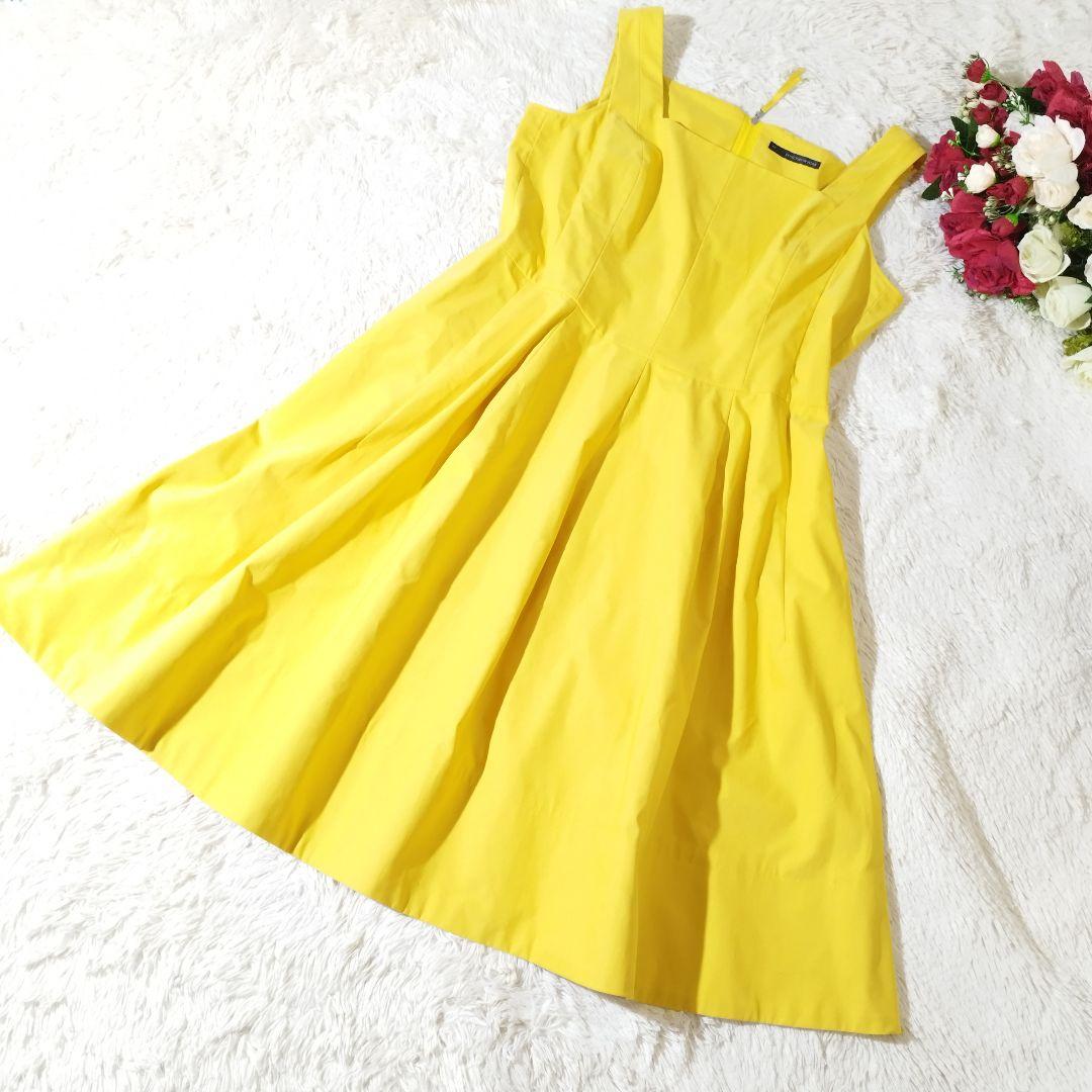 FOXEY ストレッチ 42 イエロー フレアー プリーツ ワンピース ドレス