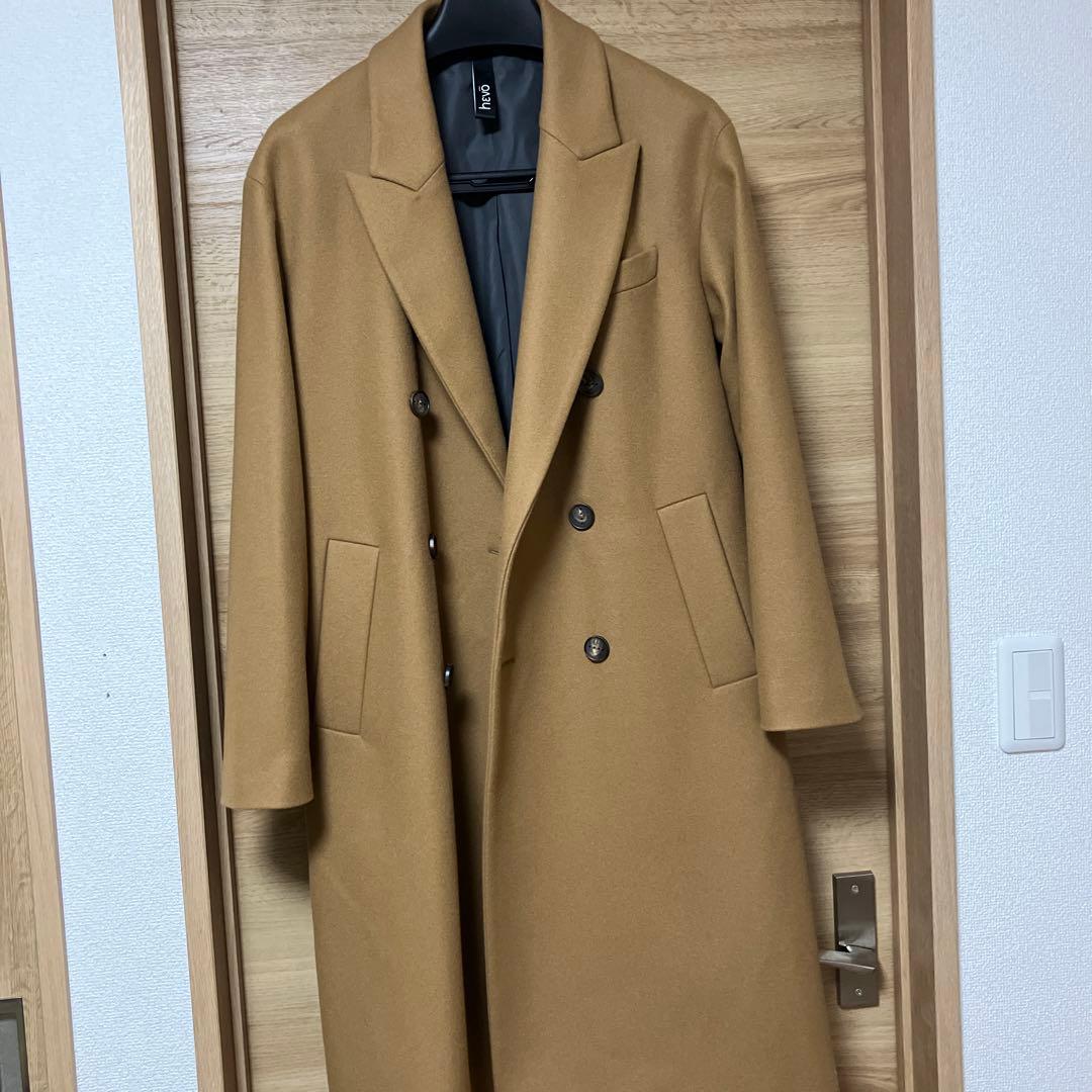 美品46【HEVO】CELLAMARE ウール ダブルベルテッドコート
