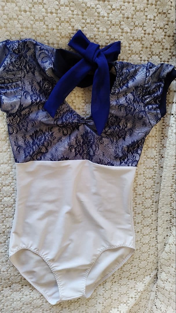 Mado様専用∕Lサイズ∕紺色花レースチョーカーレオタード白