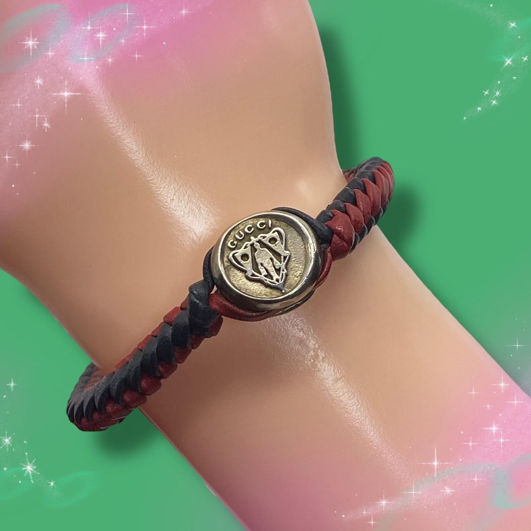 《美品》 グッチ ブレスレット クレスト 編み込みレザー Ag925