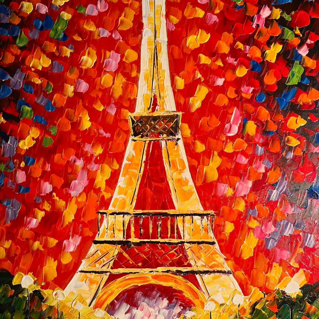 手書き油絵 パリの風景 エッフェル塔 額付 肉筆絵画 インテリア 油彩画
