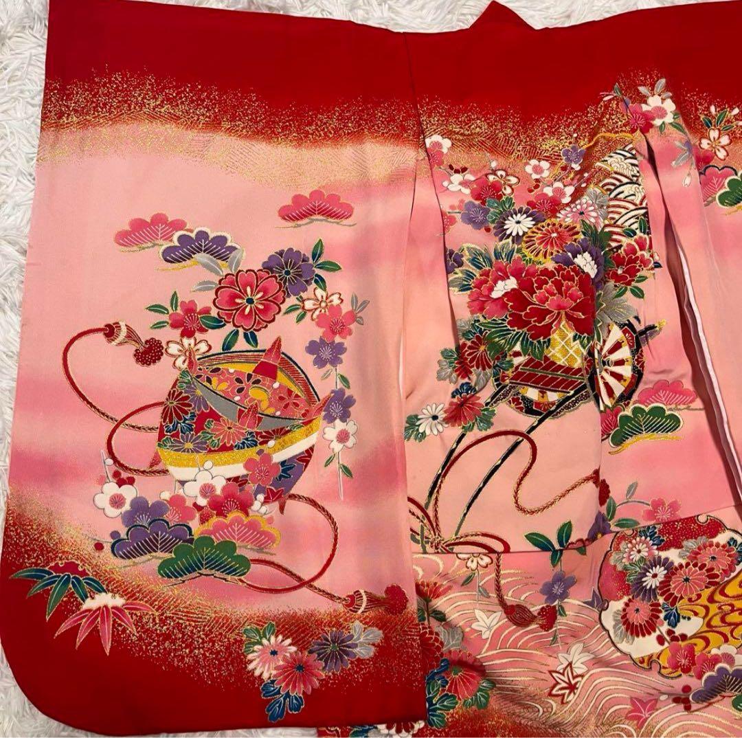 七五三 3歳 正絹 着物セット 赤 ピンク アンティーク 被布