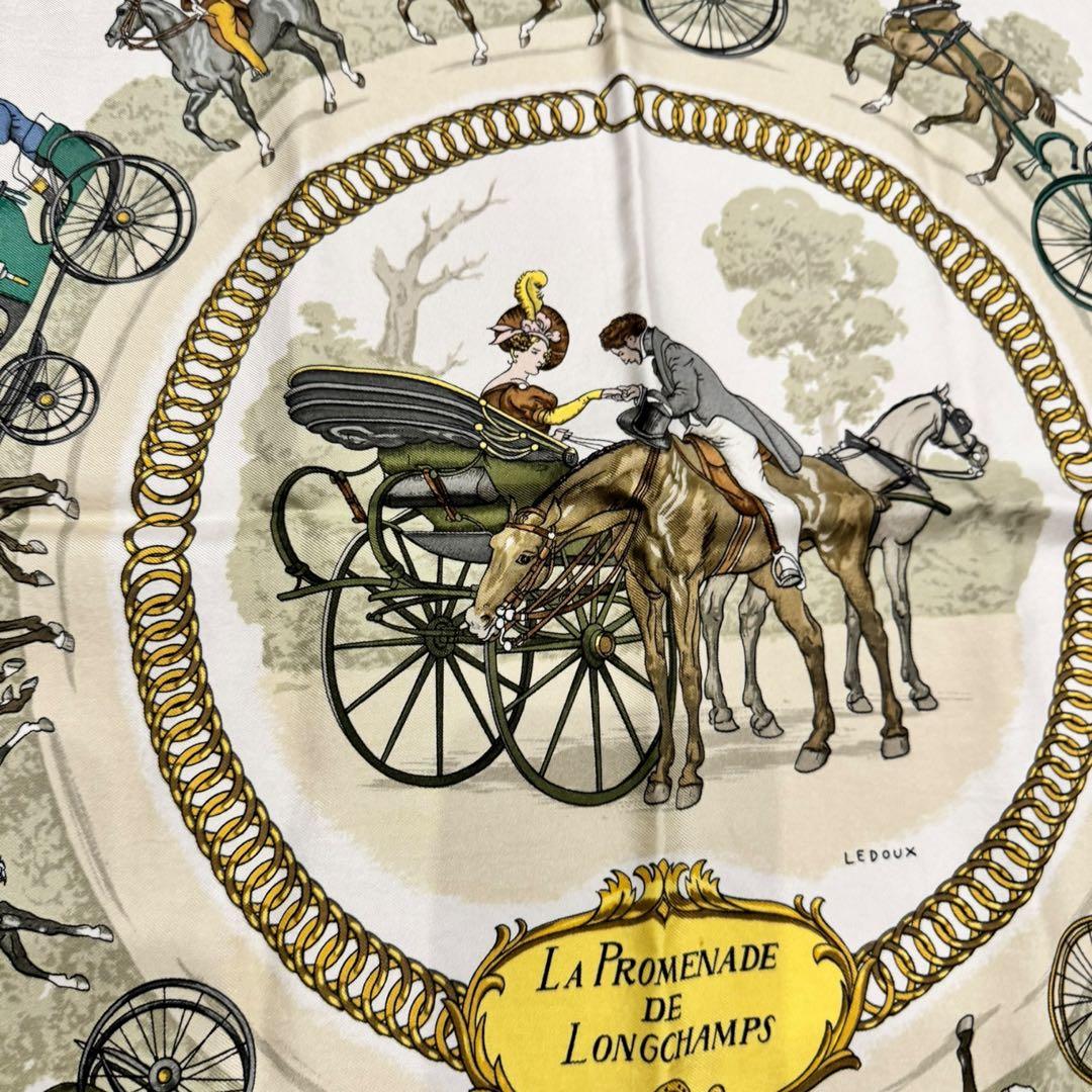 【美品】HERMES カレ90　ロンシャンへの散歩　水色