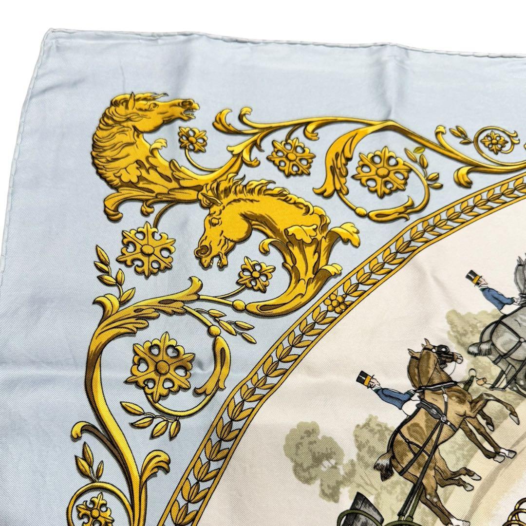【美品】HERMES カレ90　ロンシャンへの散歩　水色
