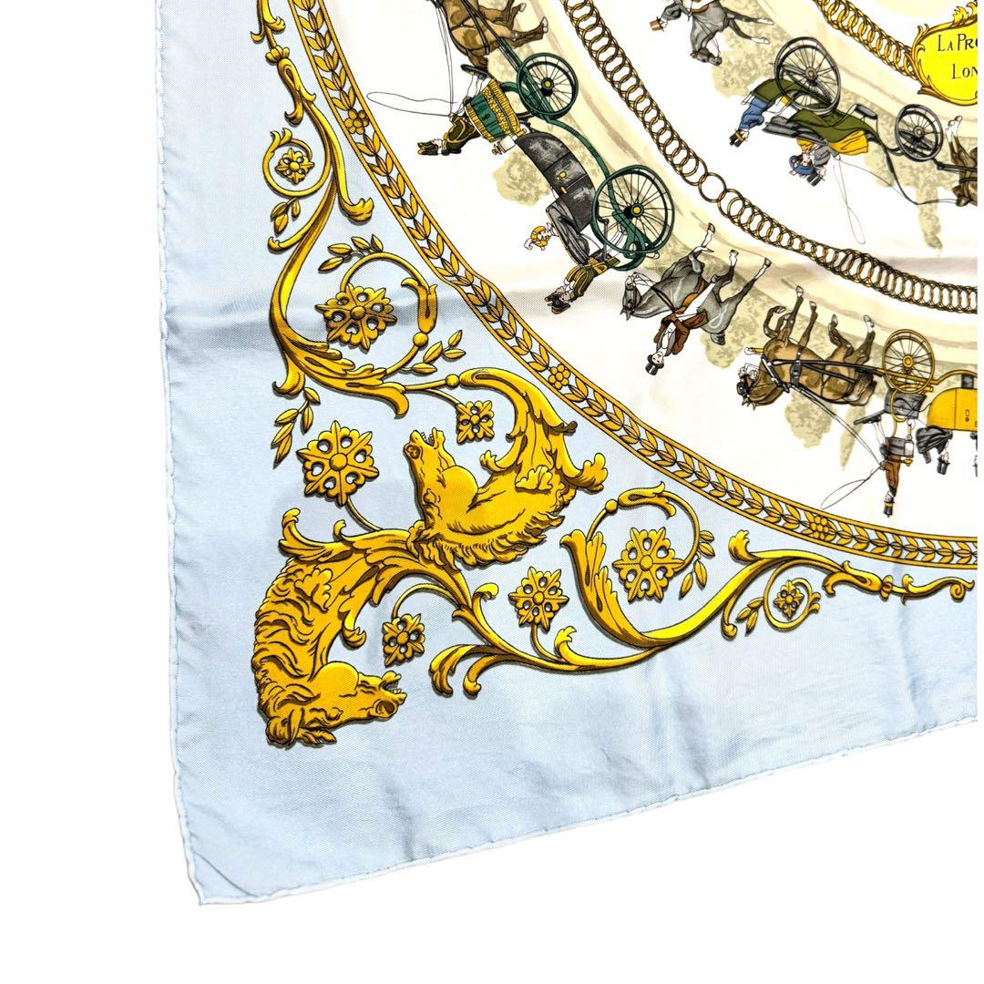 【美品】HERMES カレ90　ロンシャンへの散歩　水色