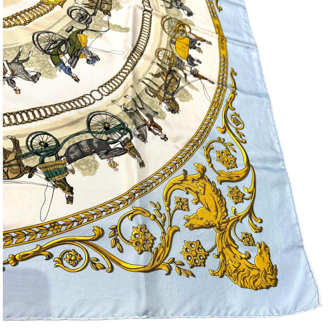 【美品】HERMES カレ90　ロンシャンへの散歩　水色