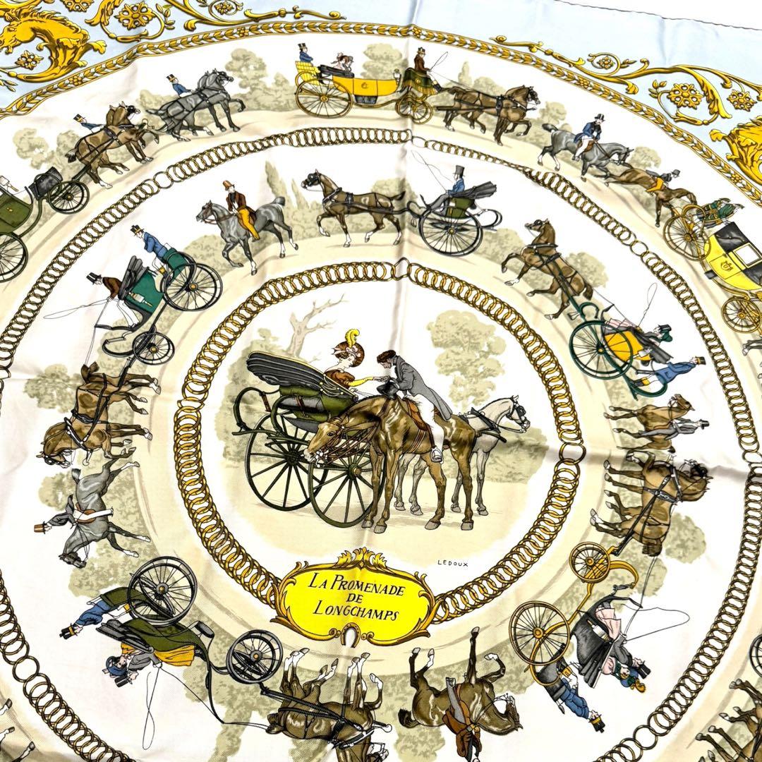 【美品】HERMES カレ90　ロンシャンへの散歩　水色