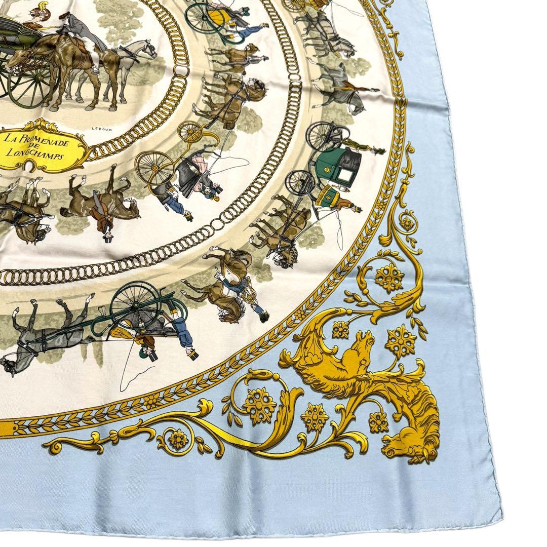 【美品】HERMES カレ90　ロンシャンへの散歩　水色