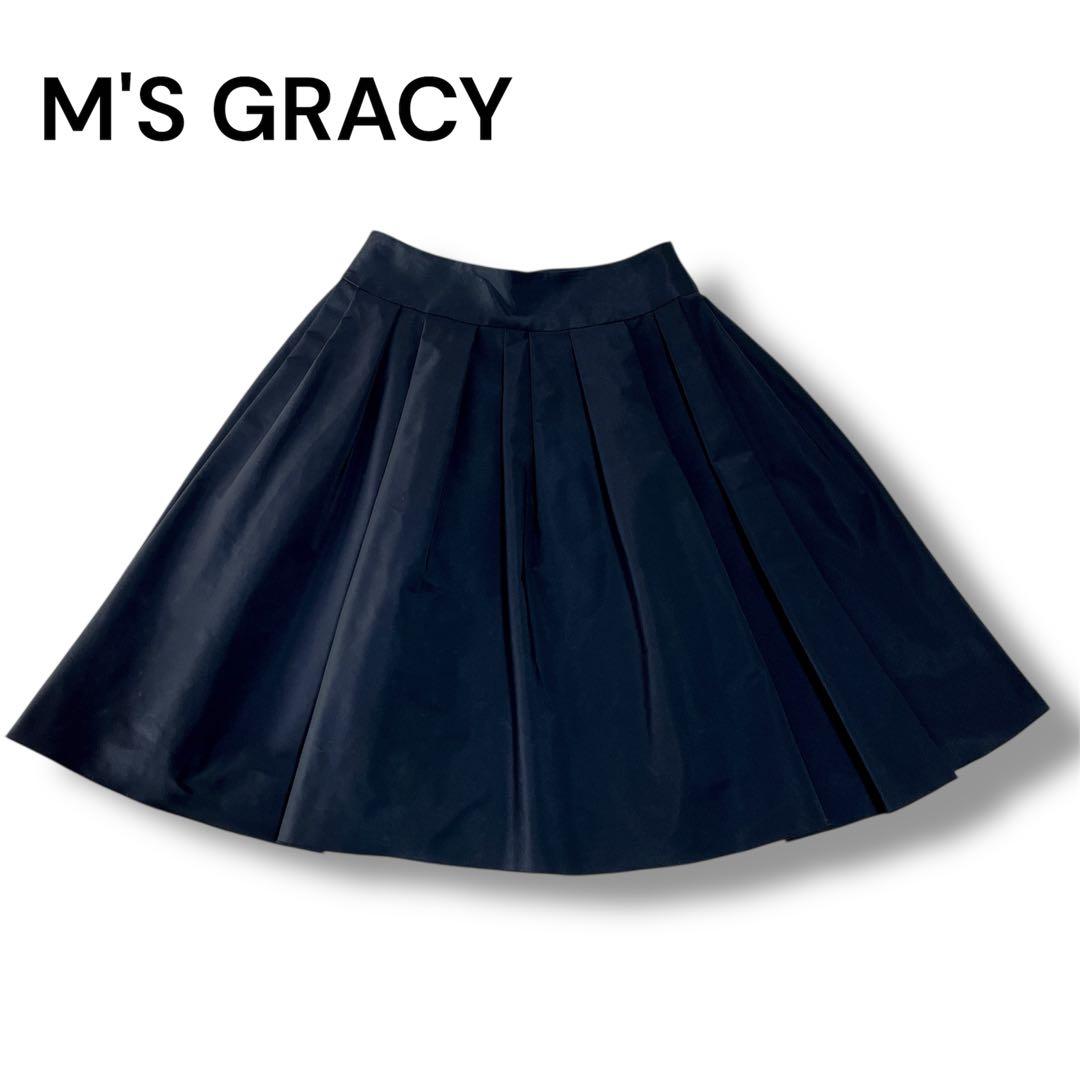 美品】エムズグレイシー ひざ丈 タックフレアスカート 黒 M相当 日本製