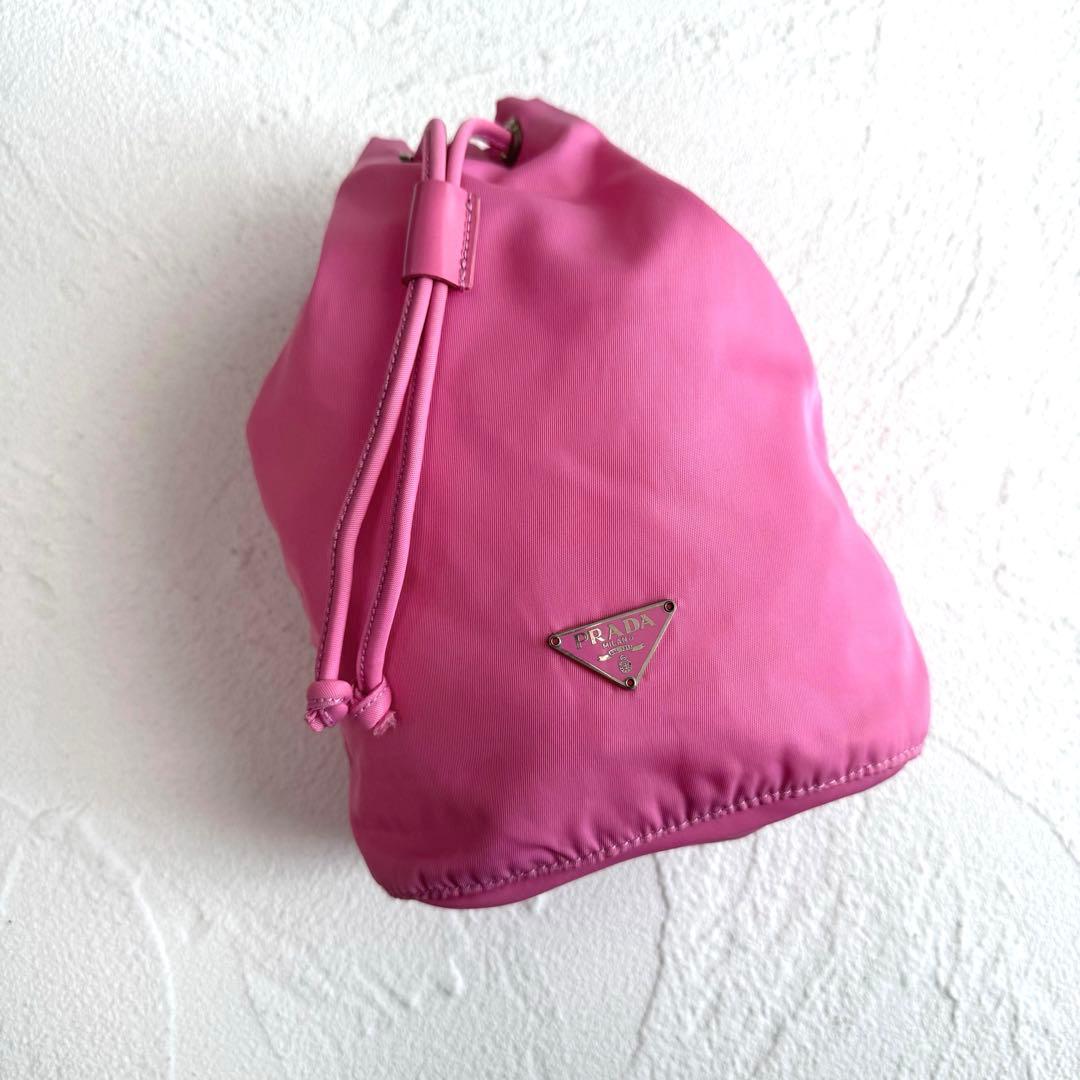 PRADA プラダ ナイロン 巾着 ポーチ ピンク 三角ロゴ マルチポーチ