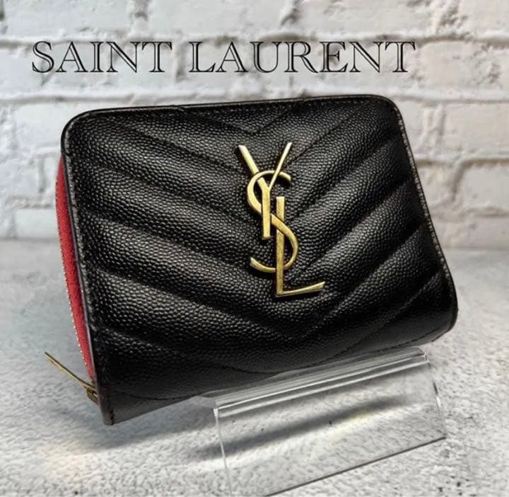 イヴ・サンローラン 財布 ラウンドジップ YSL 2つ折り ミニ財布 レッド