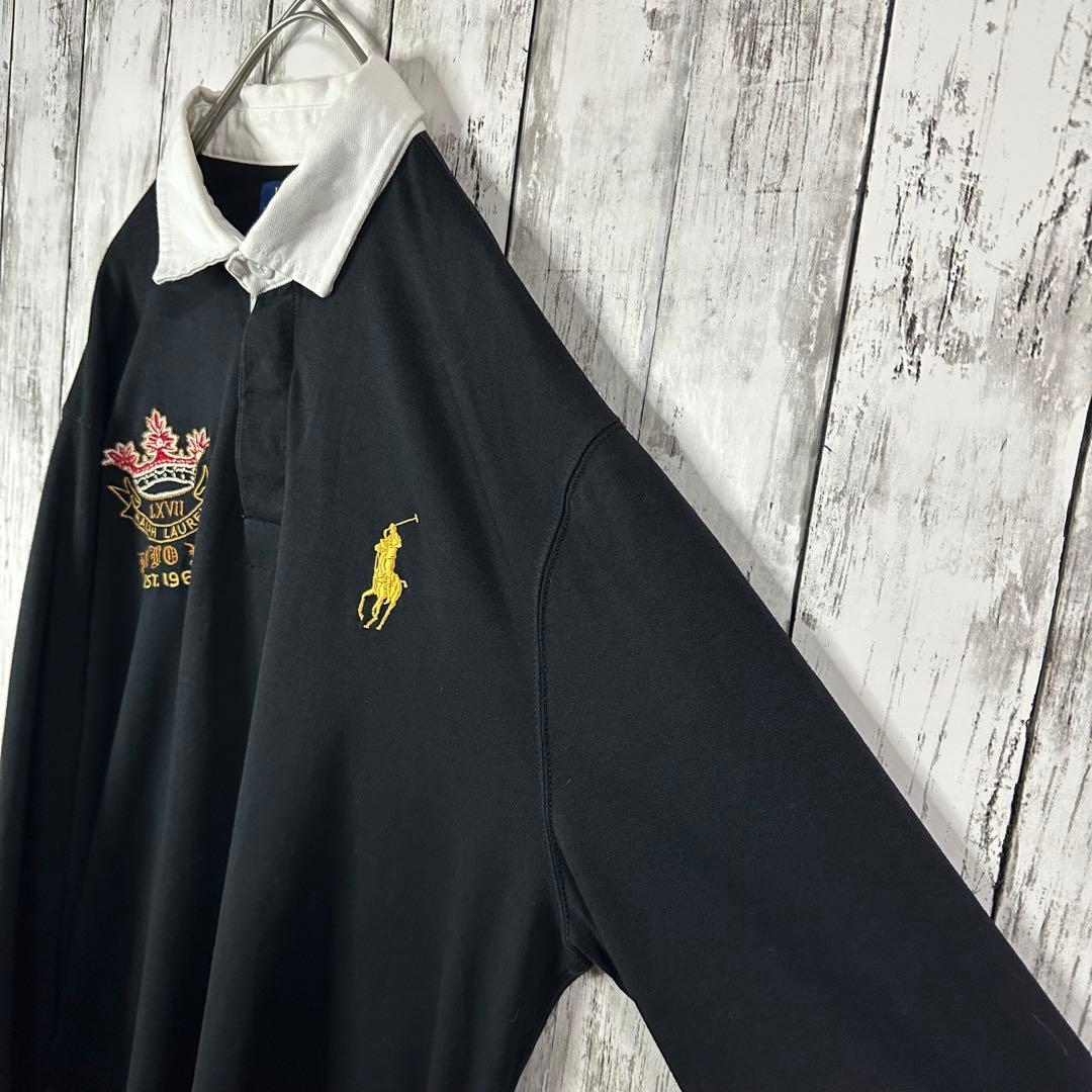 【ポロラルフローレン】ラガーシャツ☆ブラック　ゴールド☆刺繍☆ビッグポニー☆XL