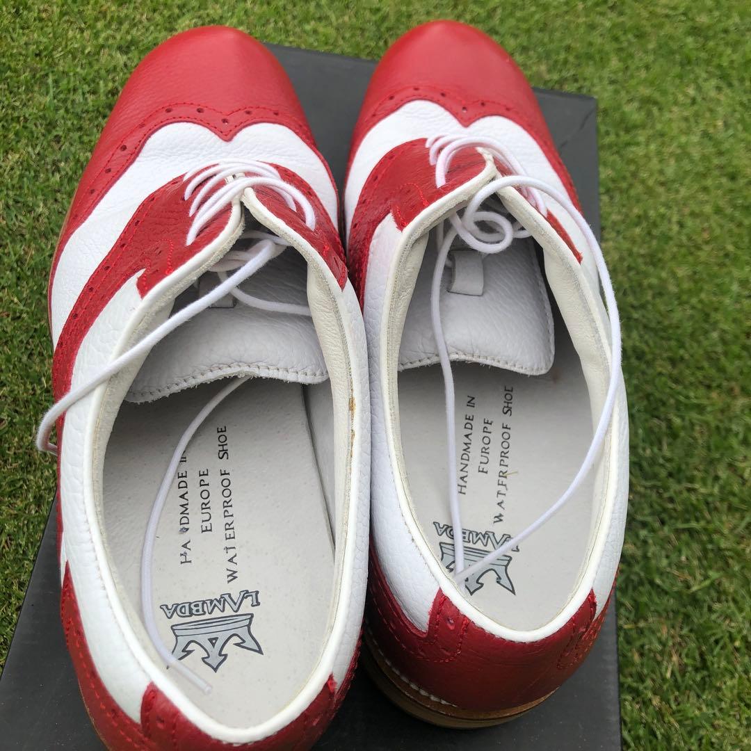 ハンドメイド 防水 ゴルフシューズ レッド/ホワイト