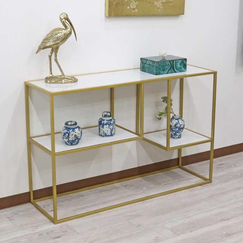 コンソールテーブル アイアン 大理石 ホワイト ディスプレイスタンド 棚付き