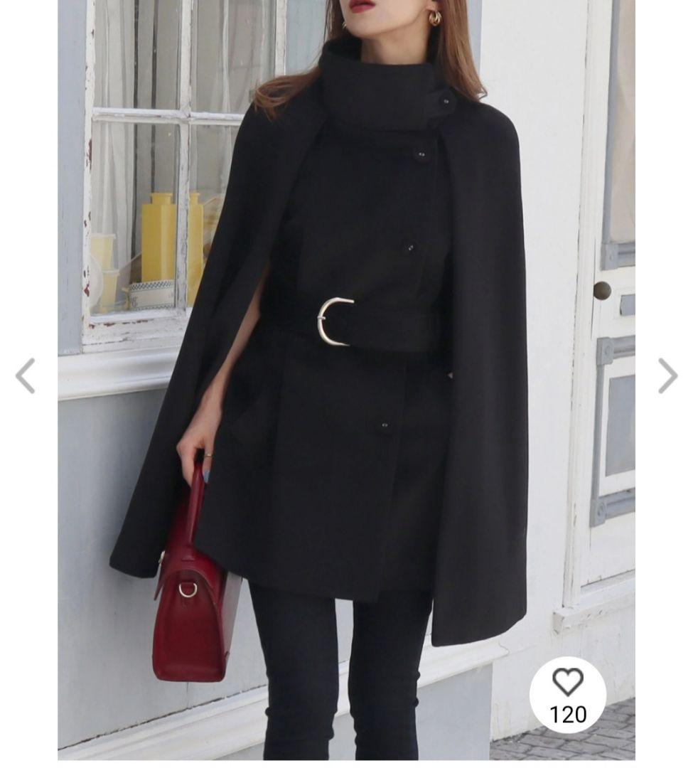 ブラック ケープコート ウエストベルト付き