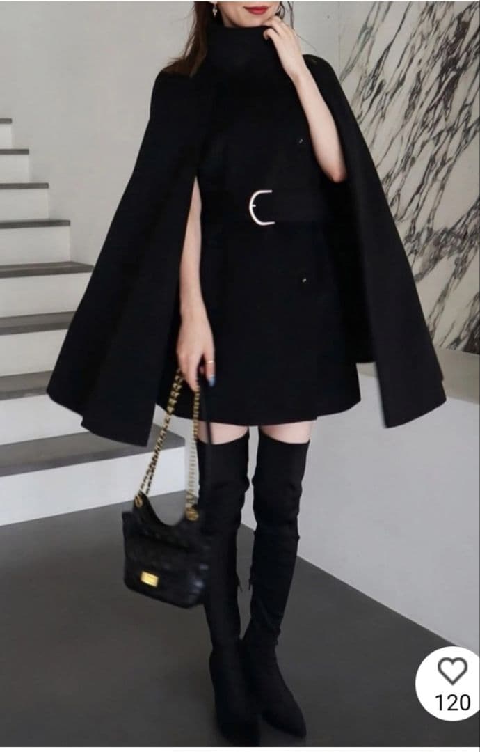 ブラック ケープコート ウエストベルト付き