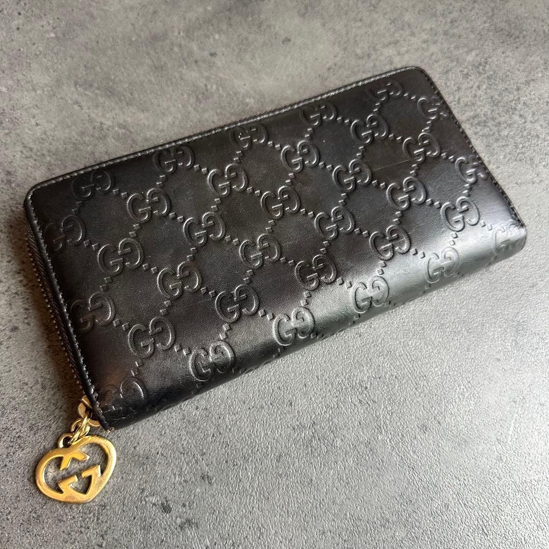 GUCCI GG シマ ラブリーハート レザー 長財布 ラウンドジップ 黒