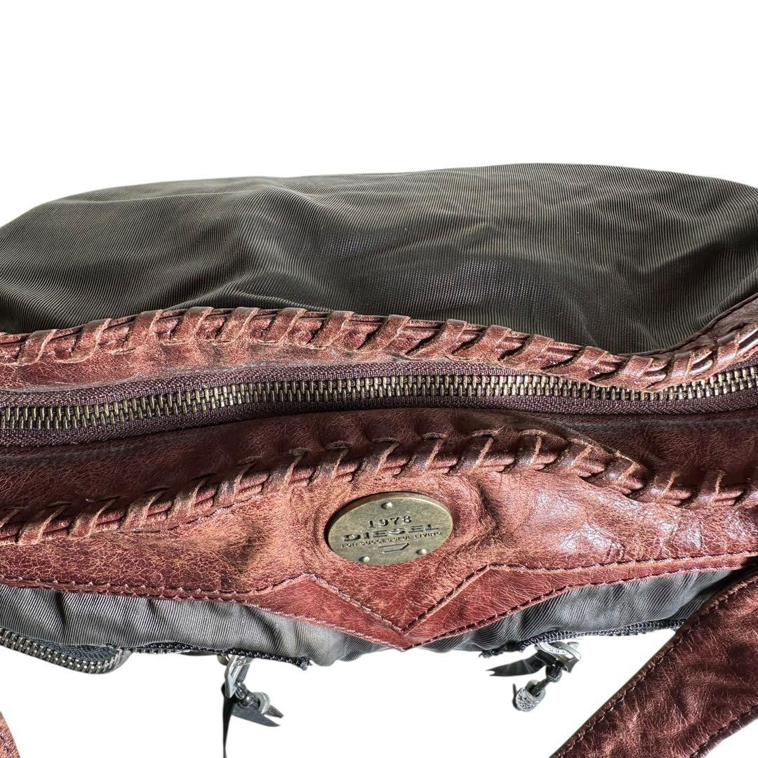 DIESEL 2way ショルダーバッグ　ナイロン　レザー　カーキ　ブラウン