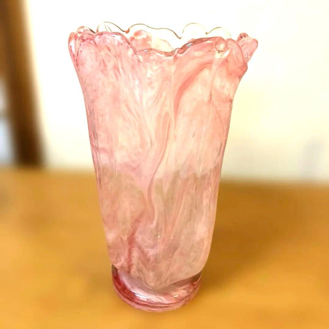 IWATA GLASS 昭和レトロ花瓶岩田ガラス 台座付きピンク花型 ビンテージ