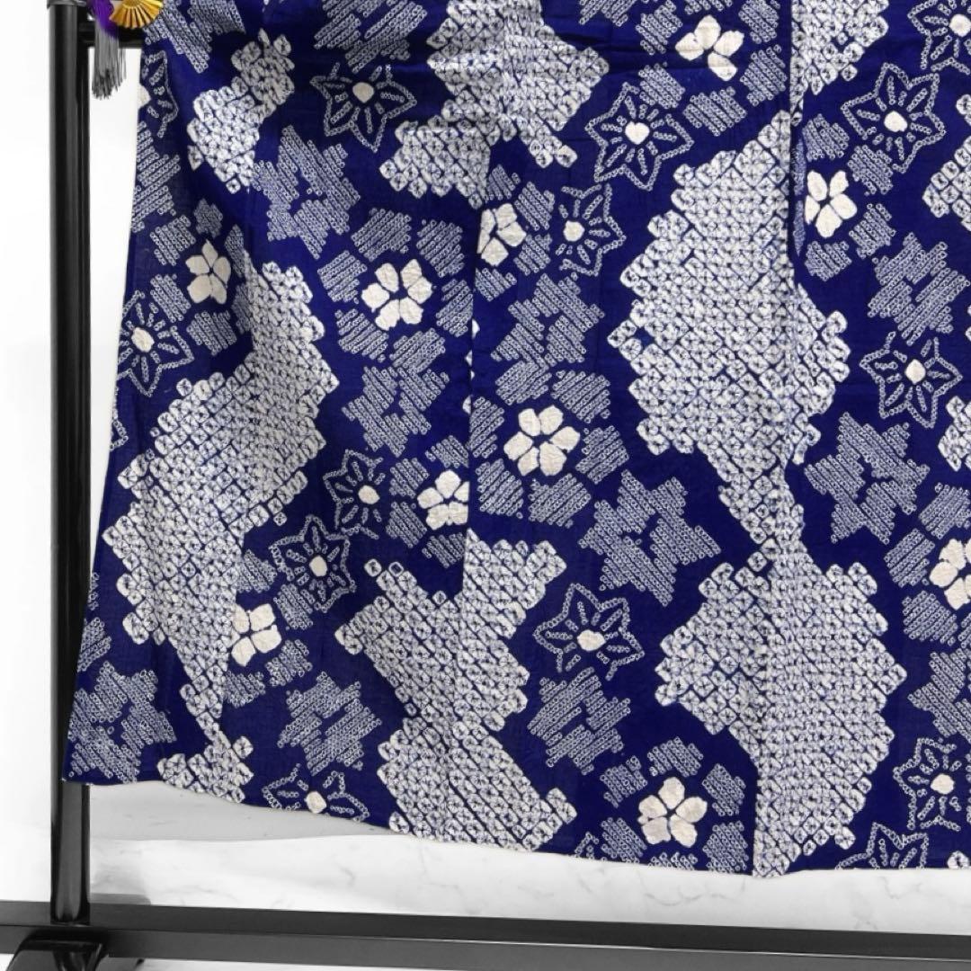 浴衣　有松鳴海絞り　花模様　楓　鹿の子　ネイビー　着物　034a d