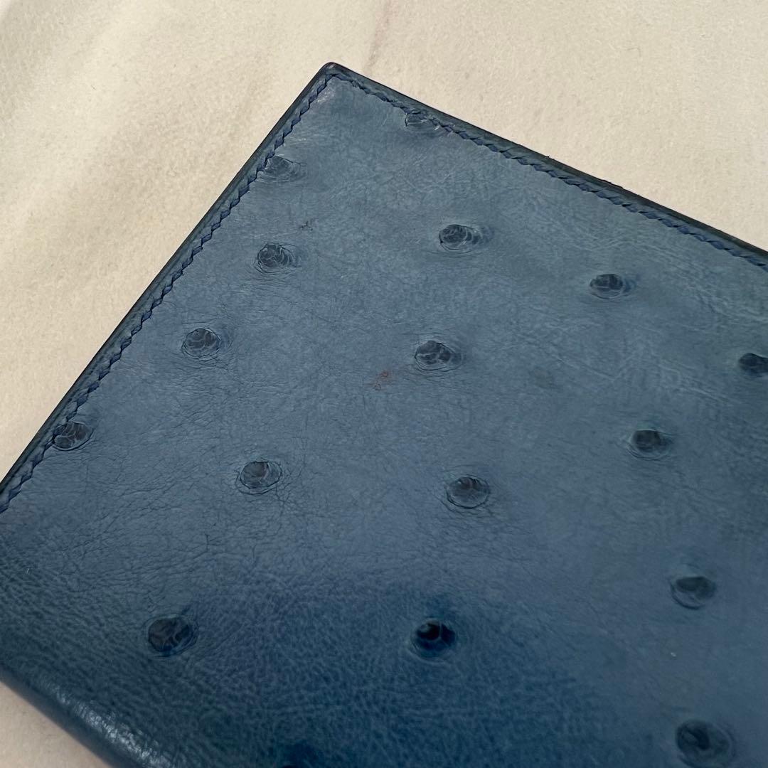 箱無し エルメス ベアン オーストリッチ長財布ブルー修理クリーニング済み