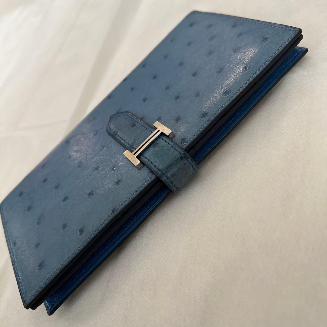 箱無し エルメス ベアン オーストリッチ長財布ブルー修理クリーニング済み