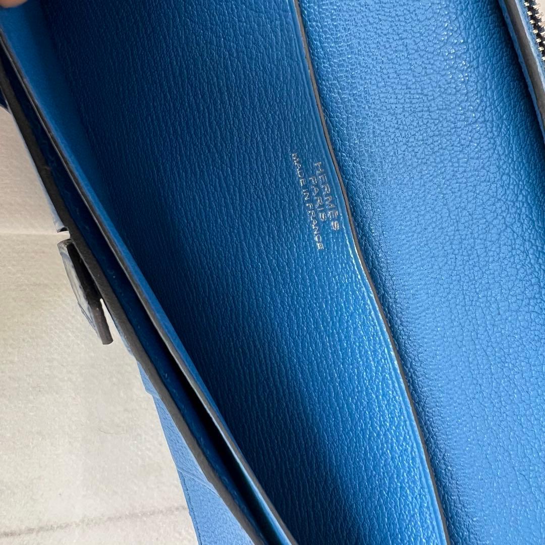 箱無し エルメス ベアン オーストリッチ長財布ブルー修理クリーニング済み