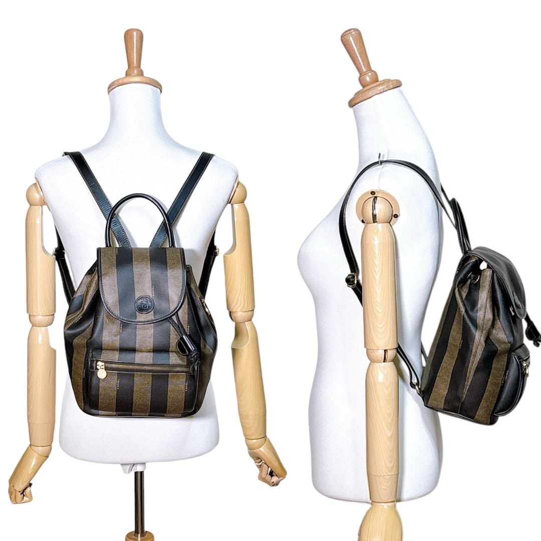 【希少】FENDI リュック ペカン柄 バックパック 巾着 レザー PVC 黒