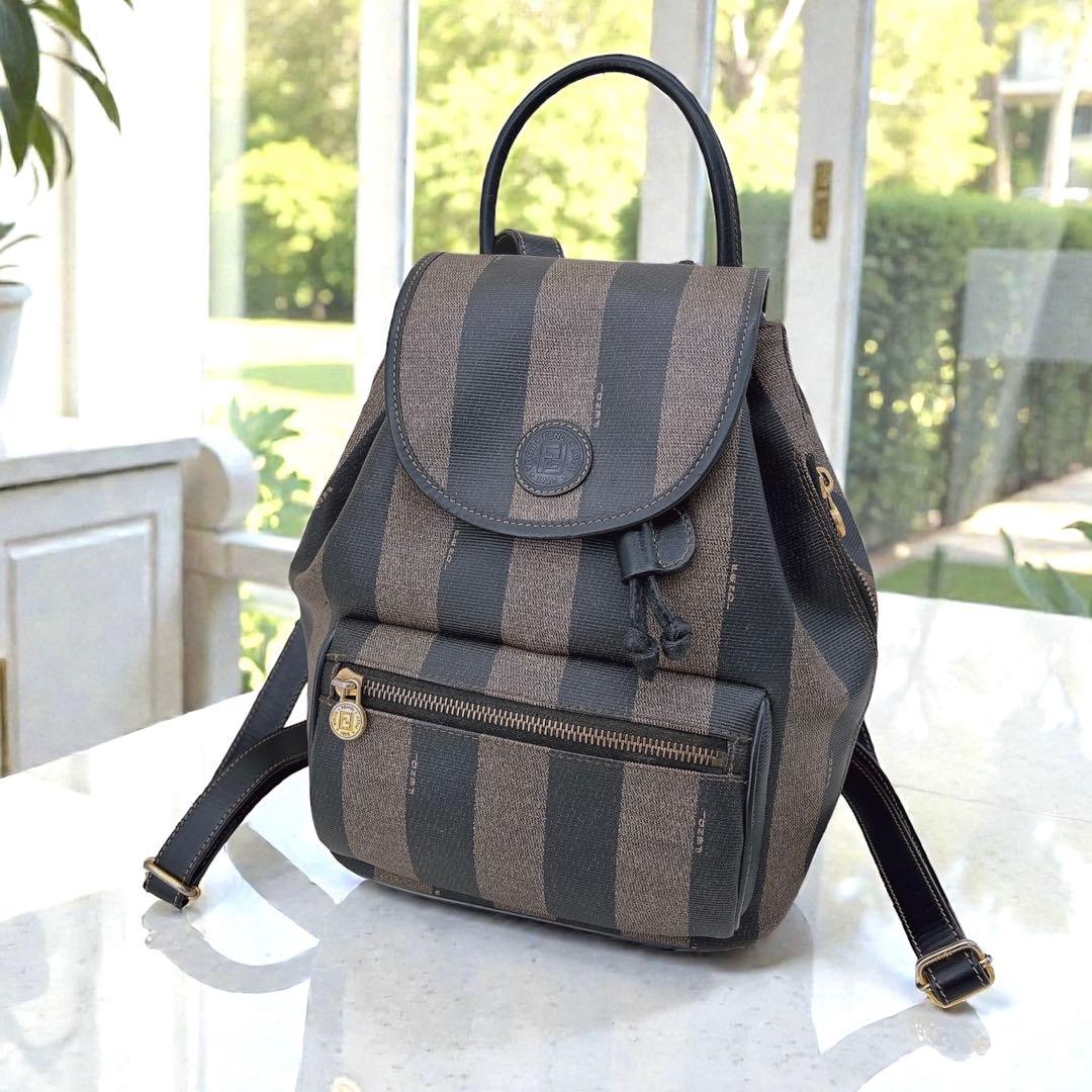 【希少】FENDI リュック ペカン柄 バックパック 巾着 レザー PVC 黒