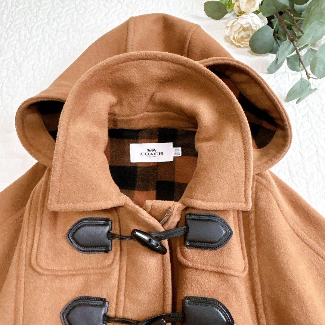 コーチ ダッフルケープ ポンチョ 内側チェック柄 フード 2way トグルの