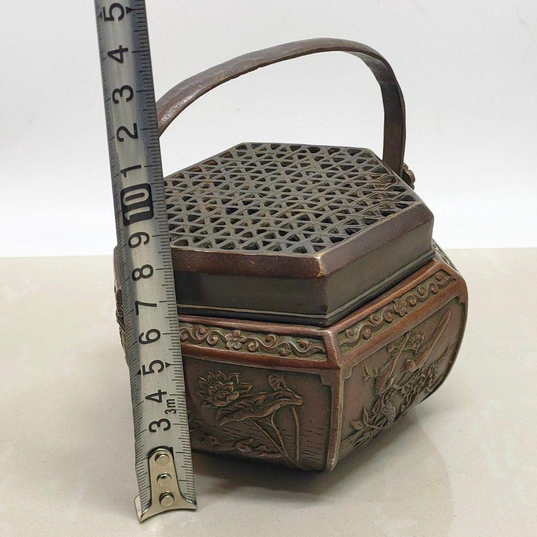 銅製 提梁暖手炉 喜上枝頭手提げ暖手炉 香炉 香道具 装飾品 工芸品 置物