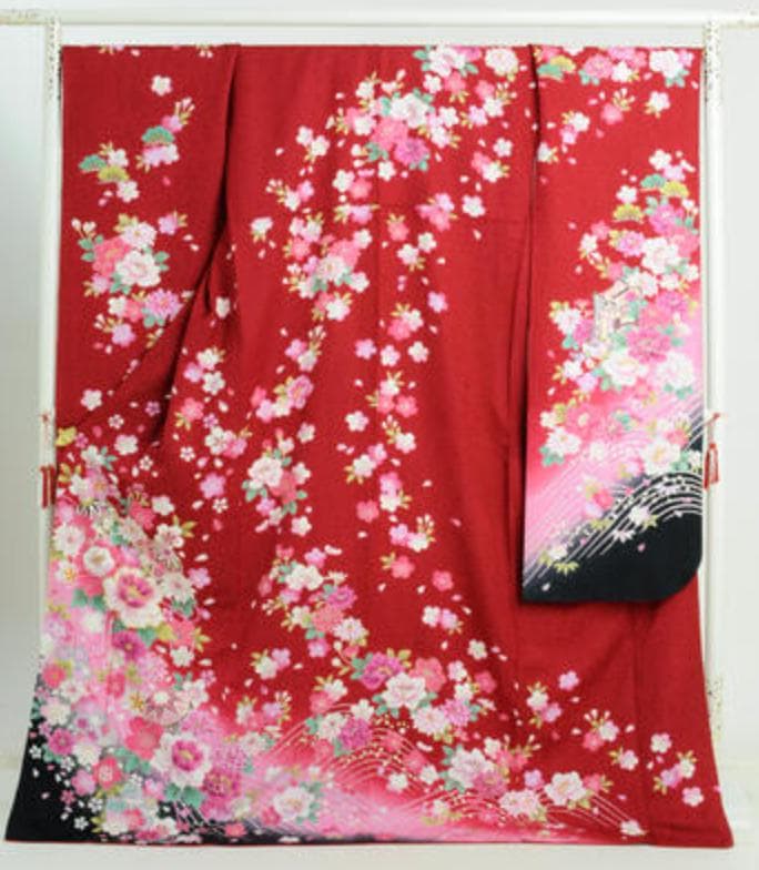 中古品】成人式・卒業式・振袖 「赤梅ボタン」b270 身長 150〜168cm
