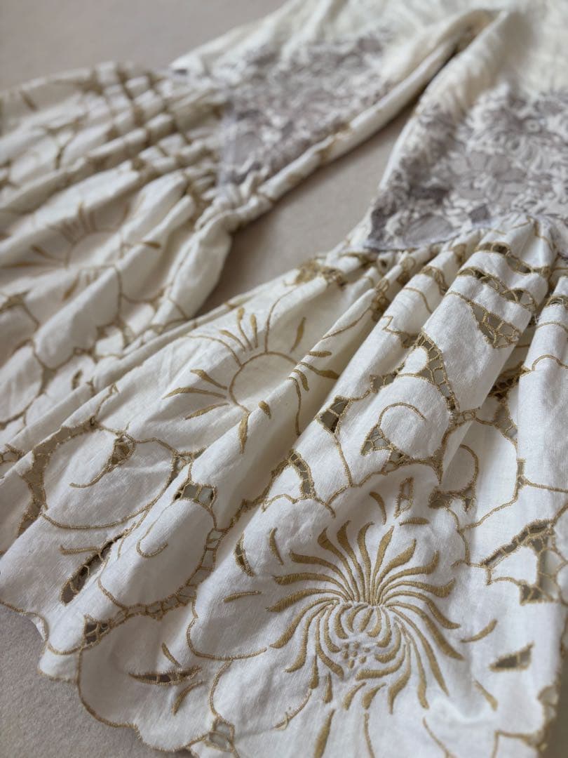 【ゆうりん】アイボリー リメイク フレアパンツ ビンテージクロス レース