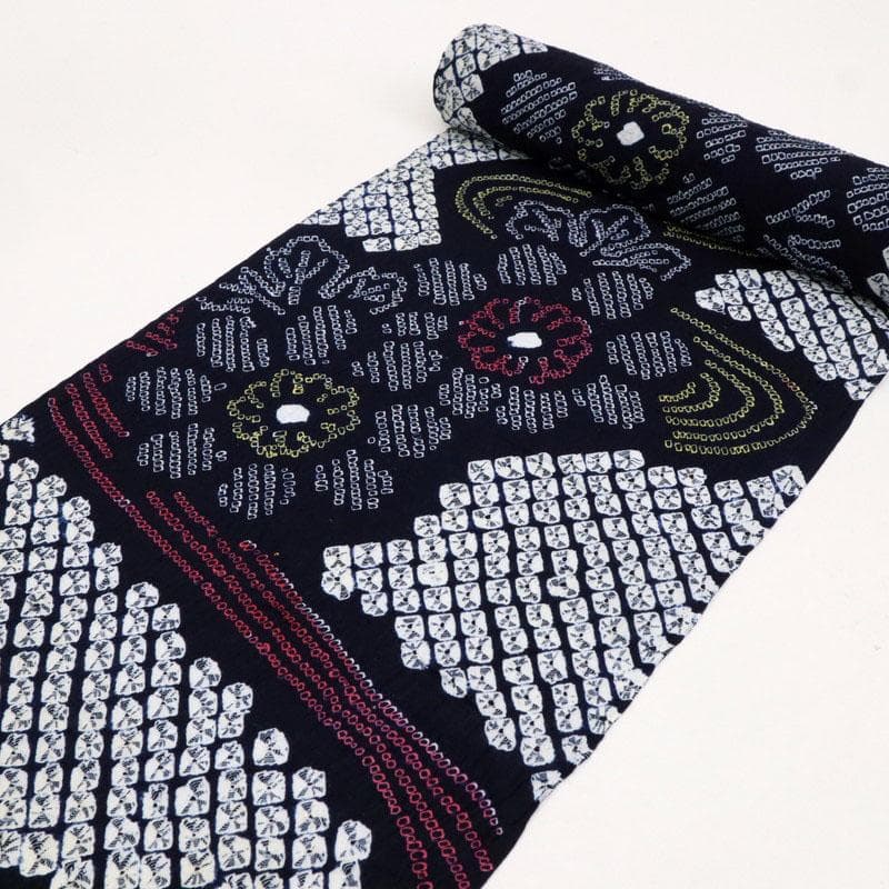 《手しぼり＊浴衣反物■流水菊花模様＊濃紺■お仕立て可◆夏着物■反24-146》