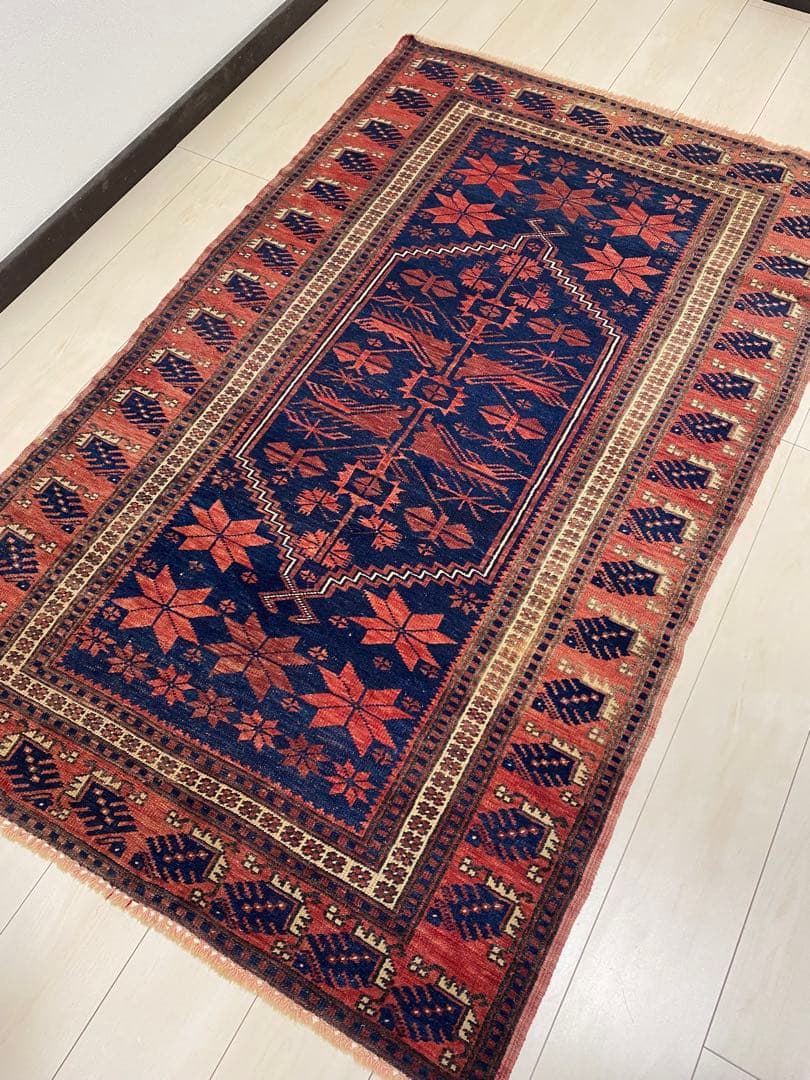 ヴィンテージ＊手織り　ラグ ネイビーブルーオレンジ