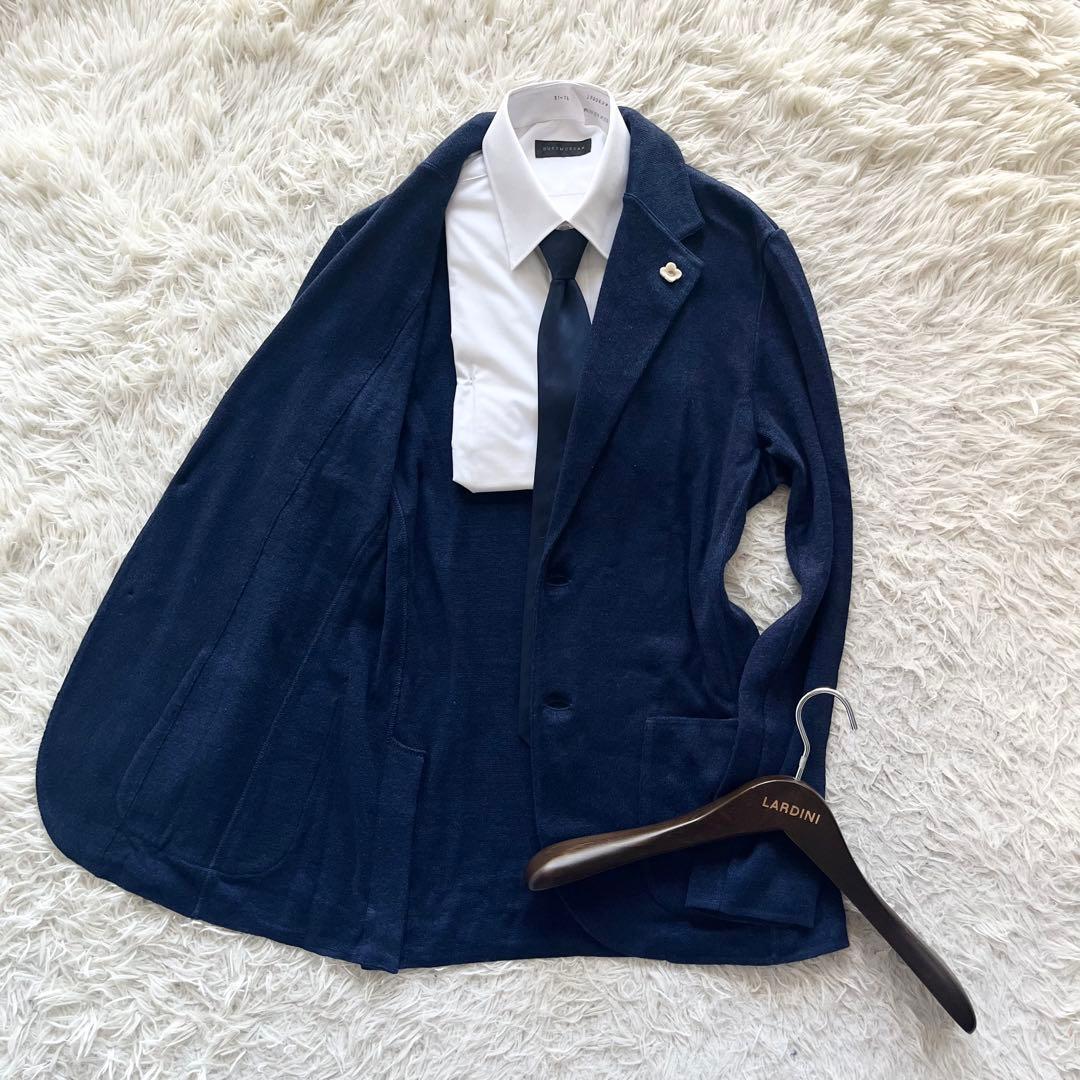 <美品> LARDINI 新ロゴ ネイビー ニット ジャケット サイズ S