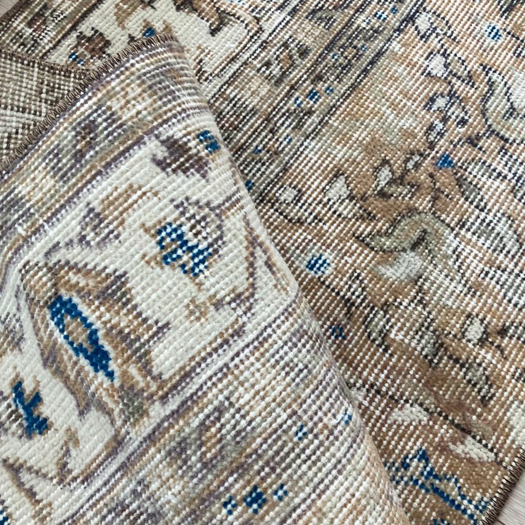 48×211ランナー　淡ブラウン　ブルー　ラインホワイト　トルコヴィンテージラグ