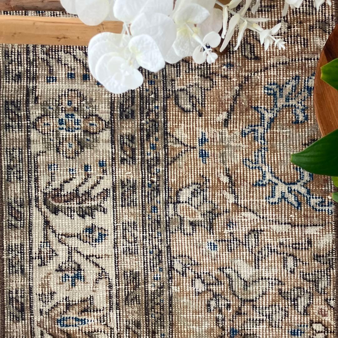 48×211ランナー　淡ブラウン　ブルー　ラインホワイト　トルコヴィンテージラグ