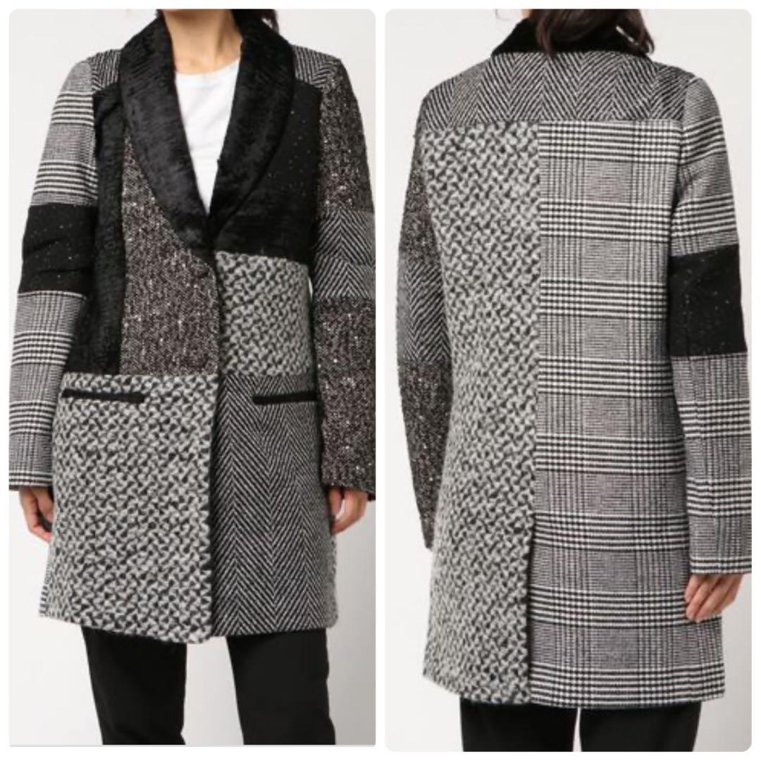 Desigual デシグアル ショールカラーパッチワーク風切替えオーバーコート