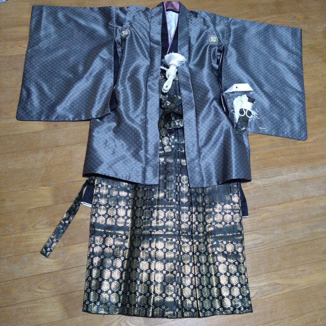 ジュニア男の子羽織袴セット 濃グレー/七宝黒金