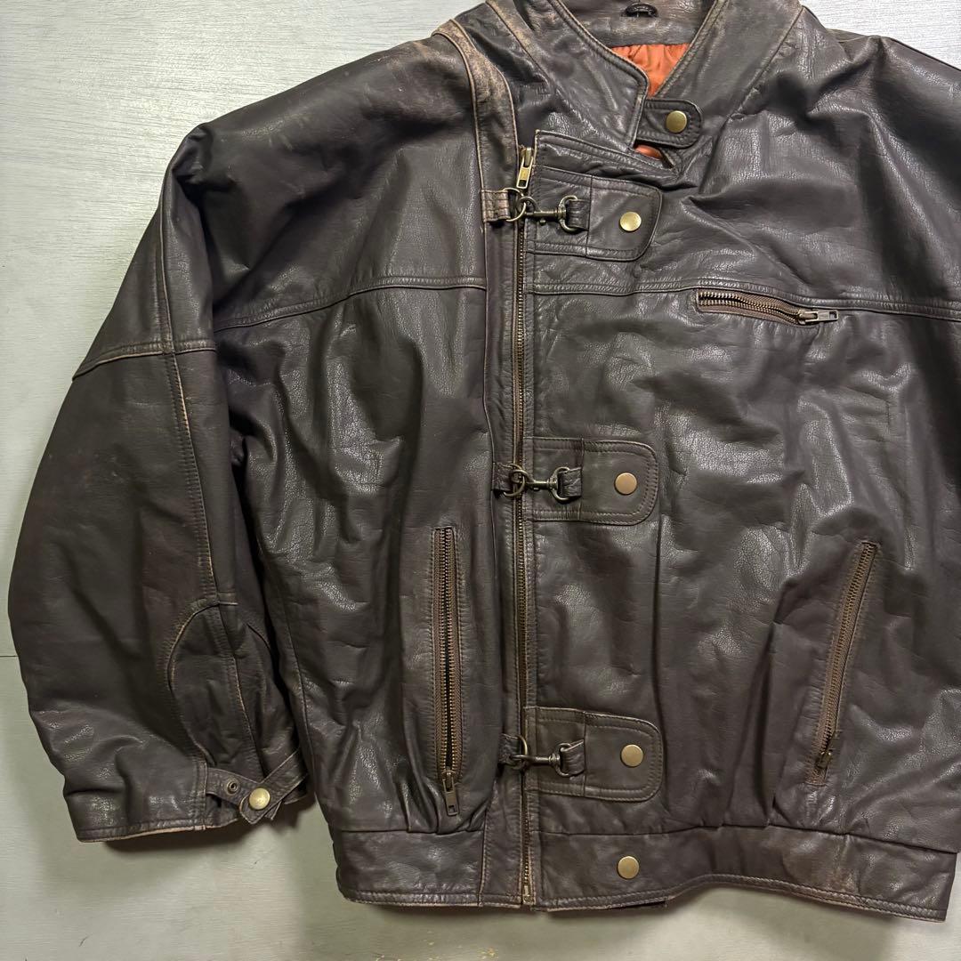 vintage レザーファイヤーマンジャケット　本革オールレザー　短丈　牛革　L
