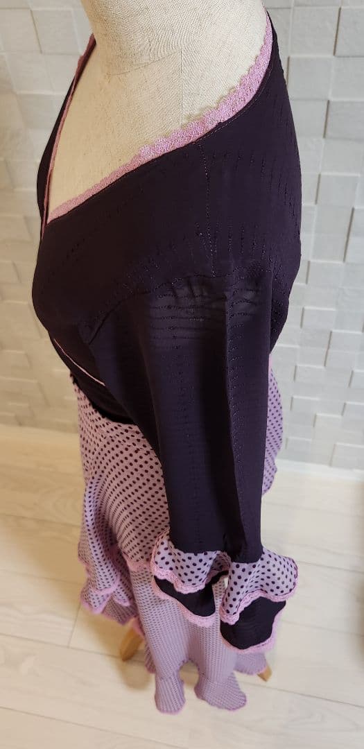 ハンドメイド フラメンコ衣装 新品 軽量 ラップワンピース 巻き 紫×ピンク水玉