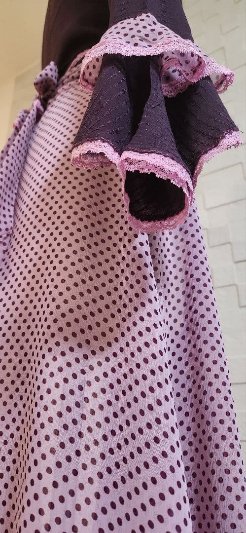ハンドメイド フラメンコ衣装 新品 軽量 ラップワンピース 巻き 紫×ピンク水玉