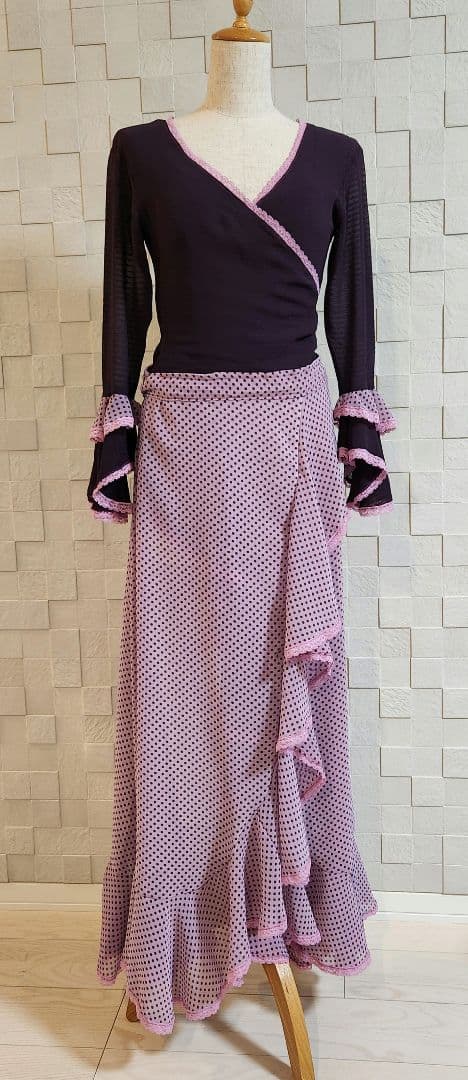 ハンドメイド フラメンコ衣装 新品 軽量 ラップワンピース 巻き 紫×ピンク水玉