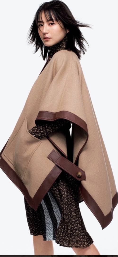 SALEバーバリー ベージュ ウール　山羊革 ポンチョ