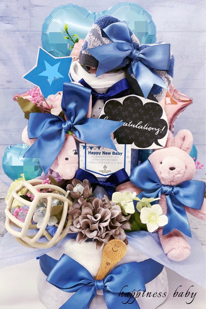 おむつケーキ　3段　出産祝い　名入れスプーン バルーンギフト 誕生日プレゼント