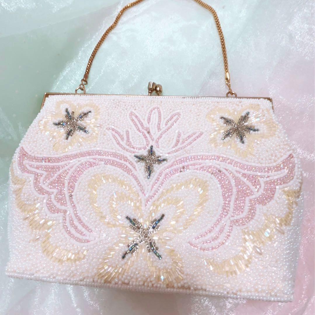 昭和レトロ ビーズバッグ 蝶と花柄 白 ホワイト - メルカリ