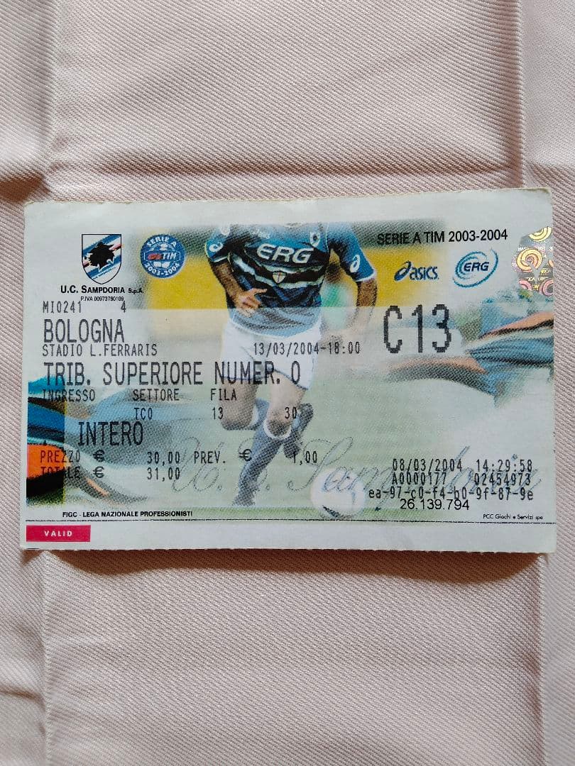 セリエA 2003 - 2004 サンプドリア 対 ボローニャ 半券チケット