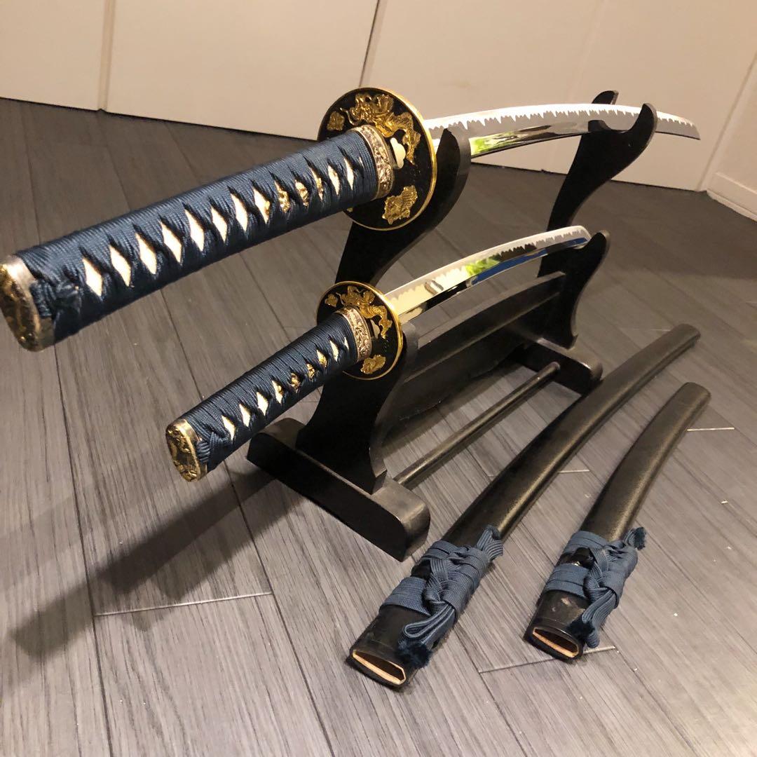 高級模造刀 居合刀 美術刀剣 太刀 脇差 大小セット 緑拵え