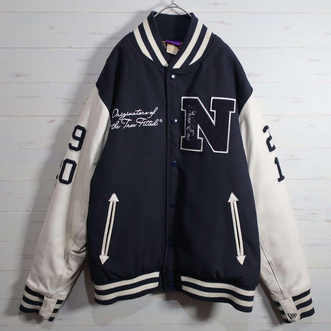 NEW ERA 90周年 スタジャン レザー袖 ネイビー白 XL 希少.